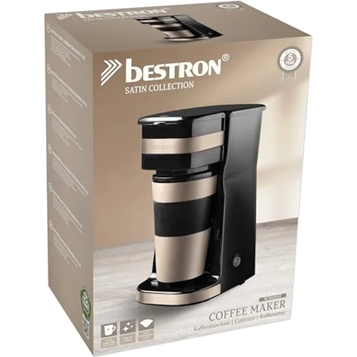 Bestron Kaffeemaschine mit Isolierbecher, Camping Kaffeemaschine für gemahlenen Filterkaffee, kleine Kaffeemaschine für 2 Große Tassen, 750 Watt, Edelstahl, hellbeige/satin – Bild 4