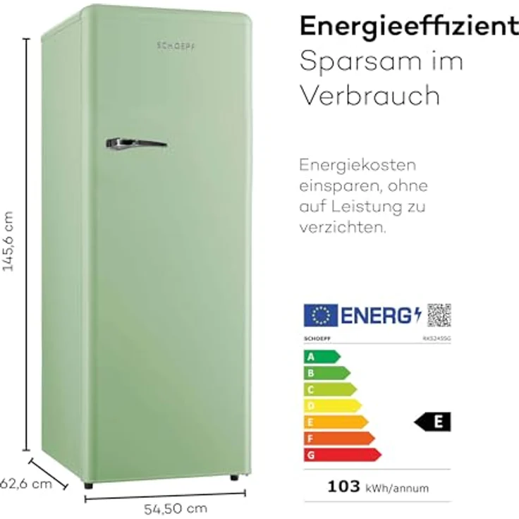 SCHOEPF RKS245SG Retro Vollraumkühlschrank, 238 Liter Nutzinhalt, mint-grün, mit LED-Beleuchtung und Vintage Style – Bild 7