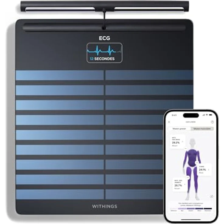 WITHINGS Body Scan - Digitale Personenwaage mit segmentaler Körperanalyse und 6-Kanal-EKG, Smart Waage zur Messung von Körperfett, Muskelmasse und Viszeralfett, Android & iOS Kompatibel – Bild 1