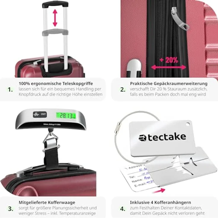 tectake®, 4tlg. Hartschalenkoffer Set, Reisekoffer Set mit Rollen, Hartschale aus ABS, Koffer Set mit Teleskopgriff und Schloss, inkl. Kofferwaage und Kofferanhänge, Trolley Größen S-M-L-XL - weinrot – Bild 3