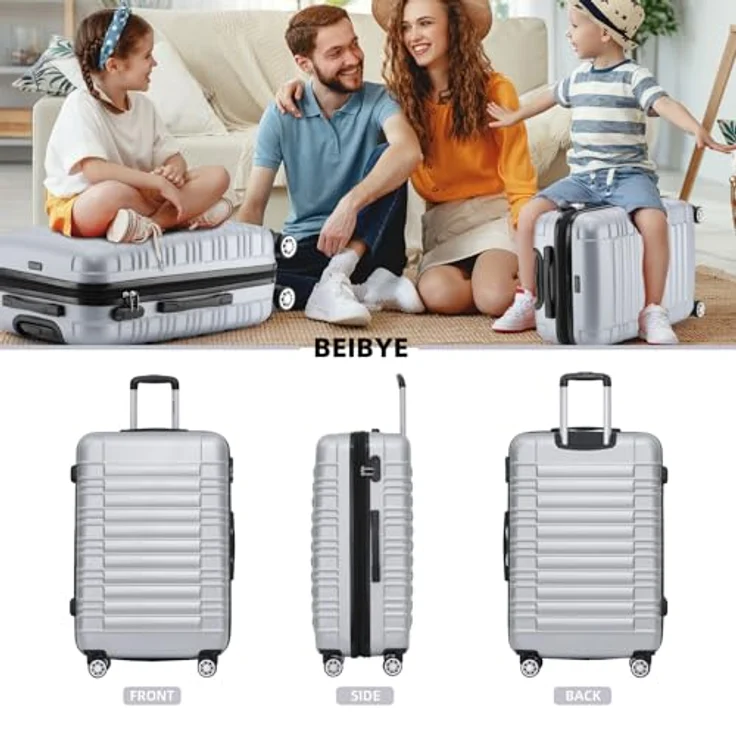 BEIBYE Hartschalen Koffer Trolley Kofferset, 3-teilig (XL, L, M), erweiterbar, 360° Zwillingsrollen, Silber – Bild 2