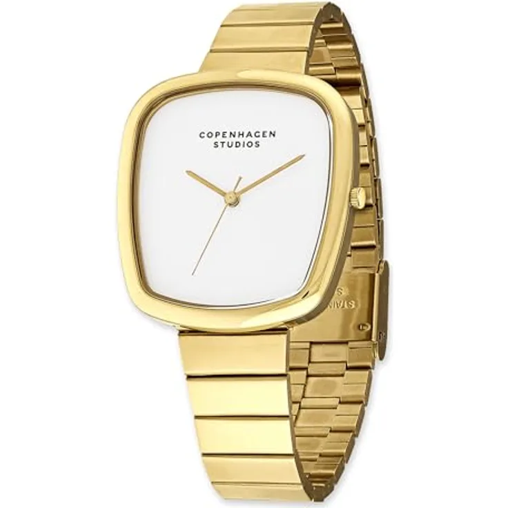 Copenhagen Studios Curved Watch - Gold, 34 mm, elegante Damenuhr aus poliertem Edelstahl mit Quarzwerk, 3 ATM wasserdicht, kratzfest, analog