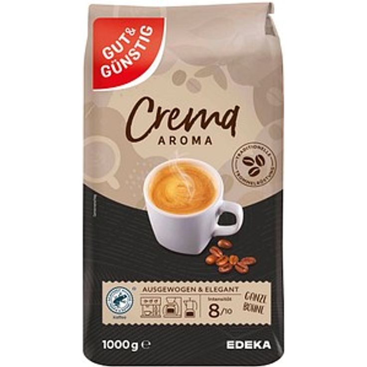 GUT&GÜNSTIG Crema Aroma Kaffeebohnen, 100% Arabicabohnen, kräftiges Aroma, 1000 g