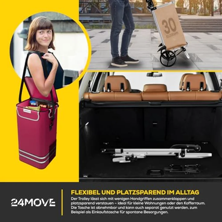 24MOVE® Vehlo Einkaufstrolley klappbar mit 55L Kühlfach, faltbarer 3in1 Trolley - Sackkarre und Tasche, bis 30kg belastbar, rot – Bild 5