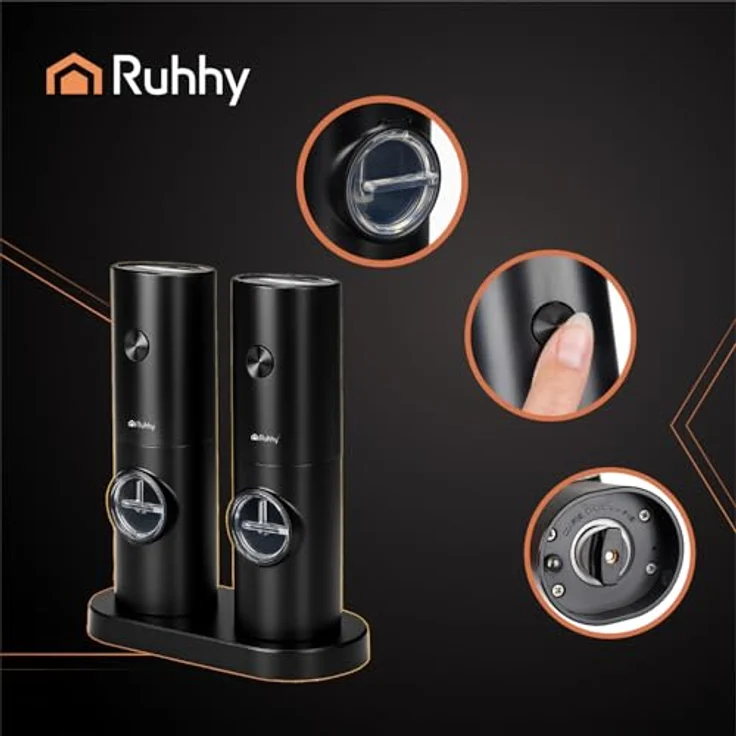 Ruhhy Elektrische Salz- und Pfeffermühle, 2er-Set mit LED-Beleuchtung und einstellbarem Keramikmahlwerk, schwarz – Bild 3