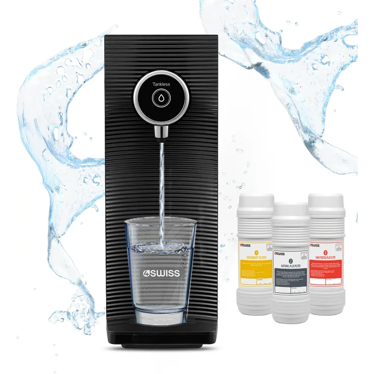 4Swiss Filtersystem für Hauswasser, 5-stufiges Trinkwasserfiltersystem mit 3 Kartuschen und 4 Wasserdosiermodi (Schwarz)