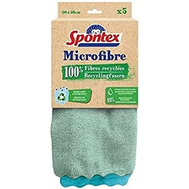 SPONTEX - Mikrofaser aus 100% recycelten Fasern – 5 Mikrofasern – effektiv nur mit Wasser – entfernt 99% der Bakterien