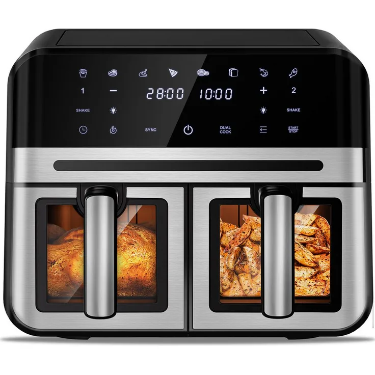 Fukstern Doppel-Heißluftfritteuse, Airfryer 9L mit 8 Programmen, Touchdisplay, 2400W, 2 unabhängige Körbe je 4.5L, fettfreies Kochen