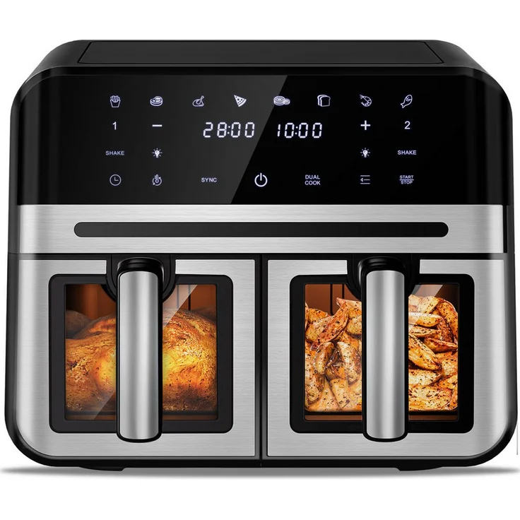 Fukstern Doppel-Heißluftfritteuse, Airfryer 9L mit 8 Programmen, Touchdisplay, 2400W, 2 unabhängige Körbe je 4.5L, fettfreies Kochen