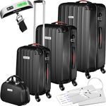 tectake® 4-teiliges Reisekoffer Kofferset inkl. Kofferwage und Gepäckanhänger, 360° Rollen, Hartschalenkoffer mit Zahlenschloss, Koffer groß, ineinander stapelbar, Trolley Handgepäck - schwarz