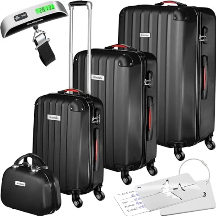 tectake® 4-teiliges Reisekoffer Kofferset inkl. Kofferwage und Gepäckanhänger, 360° Rollen, Hartschalenkoffer mit Zahlenschloss, Koffer groß, ineinander stapelbar, Trolley Handgepäck - schwarz