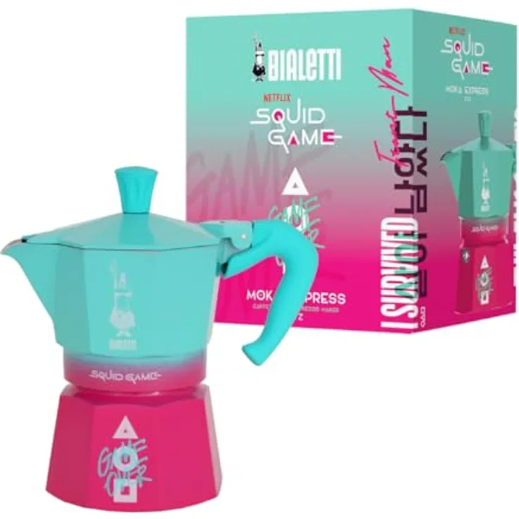 Bialetti Moka Express Squidgames, Espressokocher in Pink, Grün und Weiß mit "Game Over"-Design und geometrischen Details