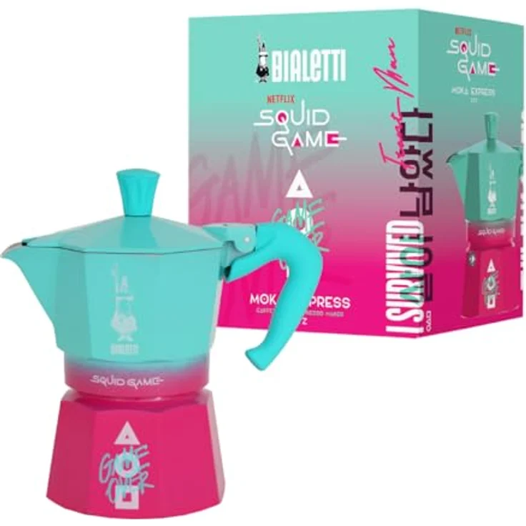 Bialetti Moka Express Squidgames, Espressokocher in Pink, Grün und Weiß mit "Game Over"-Design und geometrischen Details – Bild 1