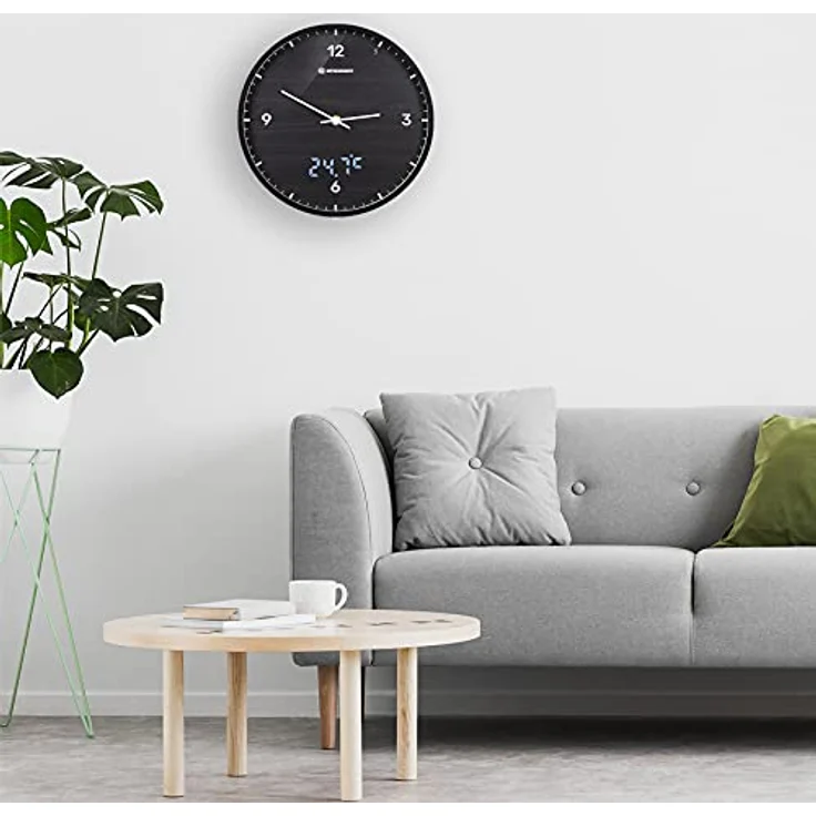 Bresser MyTime Wanduhr mit Funk ohne Tickgeräusche mit 24 cm großem Ziffernblatt, LED  Sekundenanzeige, Innentemperatur und geräuschlosem Funkuhrwerk, schwarz – Bild 5