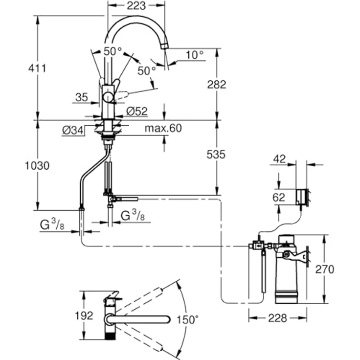GROHE Blue Pure BauCurve Starter Kit, Wasserfilter mit C-Auslauf und separatem Griff, chrom – Bild 10