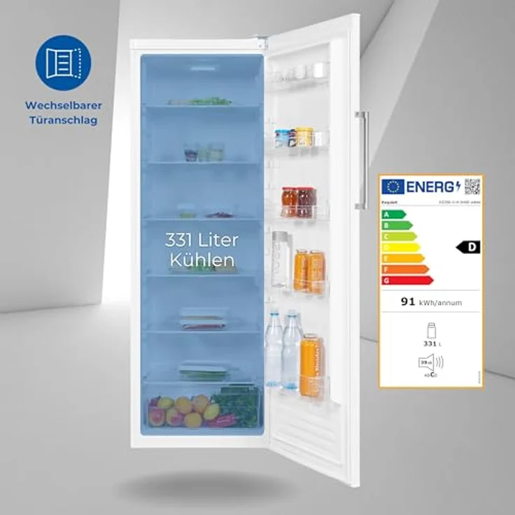 Exquisit Vollraumkühlschrank KS350-V-H-040D weiss | 331 L Nutzinhalt, 6 Glasablagen, wechselbarer Türanschlag – Bild 2