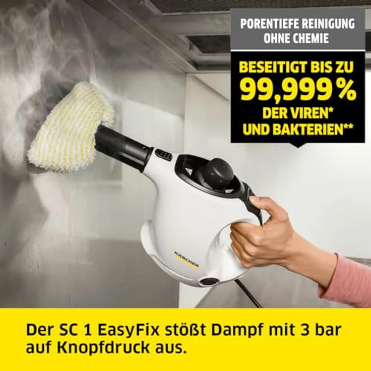 Kärcher Dampfreiniger SC 1 EasyFix, Dampfdruck: 3 bar, Aufheizzeit: 3 min., Leistung: 1.200 W, Flächenleistung: 20 m², Tank: 200 ml, mit Bodenreinigungsset EasyFix, Düsen und Mikrofaserbezug, Weiss – Bild 2