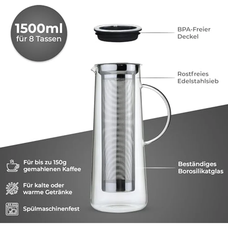 ZASSENHAUS Kaffeebereiter Aroma Brew 1L, mit mikrofeinem Edelstahlfilter, hitzebeständigem Borosilikatglas, Silikon Griff, 8 Tassen – Bild 2