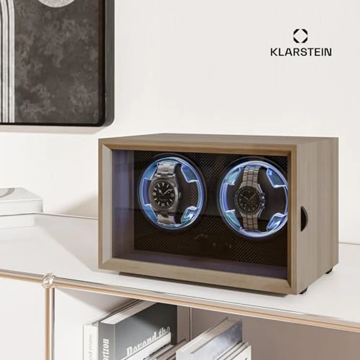 Klarstein Uhrenbeweger Brienz, eleganter Uhrenkasten für 2 Uhren mit Holz-Optik und blauer LED-Beleuchtung, 4 Rotationsmodi – Bild 6