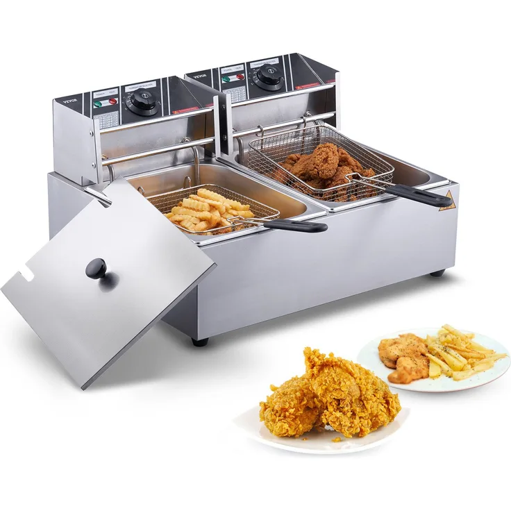 VEVOR Fritteuse 24 L Doppelter Tank Maschine 1500 W + 1500 W 2 Abdeckungen, Edelstahl, 2 Frittierkörbe, 2 Öltanks