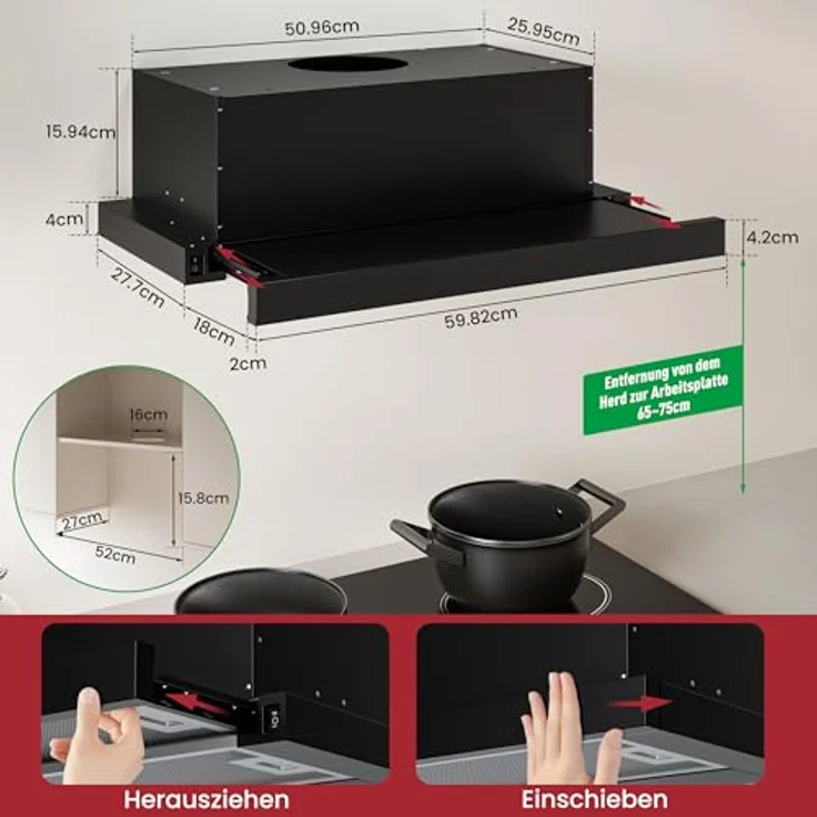 LEVIVO A+++ Flachschirmhaube 60cm, Dunstabzugshaube für Umluft & Abluft mit 400 m³/h, 2 Aktivkohlefiltern, 2 Fettfiltern, 2 Stufen, LED-Licht, Schwarz – Bild 5