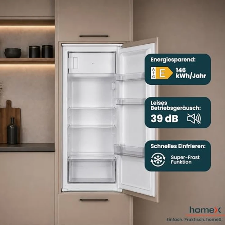 homeX CFB1811E Einbaukühlschrank mit Gefrierfach, 181 Liter, Schlepptürtechnik, LED-Beleuchtung, 39 dB, Energieeffizienzklasse E – Bild 6