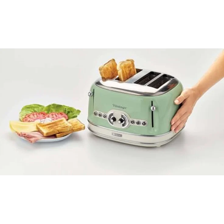 Ariete 156 Vintage, Toaster für 4 Scheiben, 1600 W, 6 Toaststufen, aus Pastellgrün lackiertem Edelstahl, ohne Zangen – Bild 3