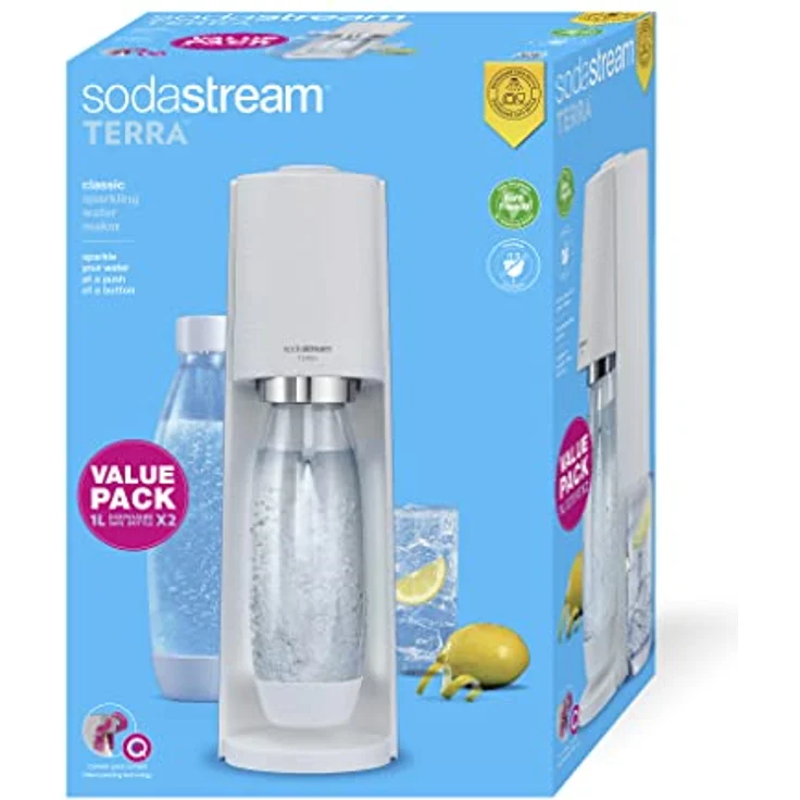 SodaStream Wassersprudler Terra White Value Pack x2 mit 2 geschmolzenen Flaschen, spülmaschinenfest, 1 Liter und 1 CO2-Zylinder Quick Connect zum Gasieren von bis zu 60 l, 2270215, Weiß Matt – Bild 1