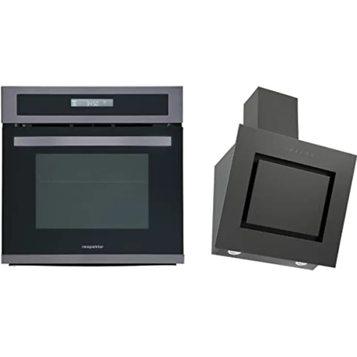 Herdset Einbau Backofen u. Schräghaube Dunstabzugshaube 60 cm Blacksteel Respekta
