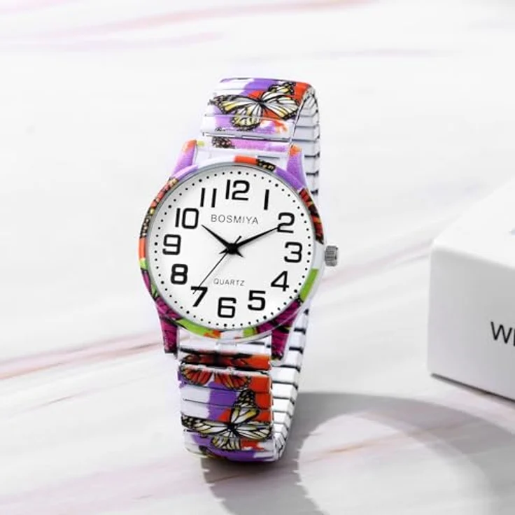 JewelryWe Boho Damenuhr, Elastische Uhr im Schmetterlingsdesign mit Edelstahl Zugarmband und großen arabischen Ziffern, Analog Quarzwerk, lilafarben – Bild 3