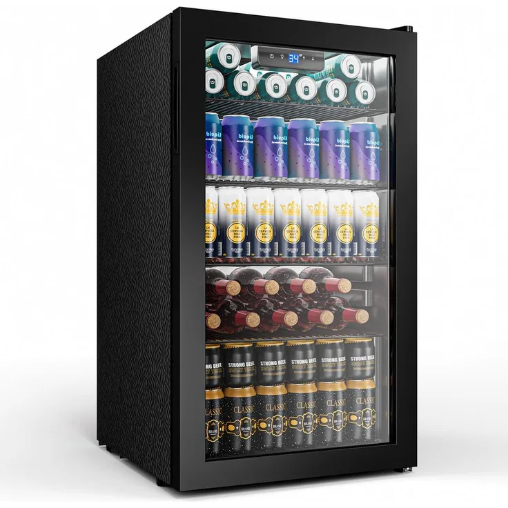 Furnicopia Getränkekühlschrank YC-86, 86L, frostfrei mit Umluftkühlung, Doppelverglasung, umkehrbare Tür, LED-Beleuchtung, Edelstahlrahmen