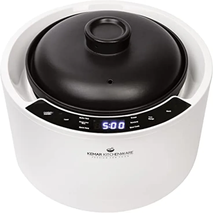 KeMar Reiskocher 2,5l mit Keramiktopf - Topf besteht vollständig aus Keramik (Donabe, Tonkeramik, Tontopf, Keramiktopf) - Weiß, 900W - Schongarer, Dampfgarer, Warmhaltefunktion (KCC-280)