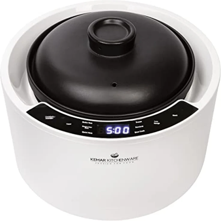 KeMar Reiskocher 2,5l mit Keramiktopf - Topf besteht vollständig aus Keramik (Donabe, Tonkeramik, Tontopf, Keramiktopf) - Weiß, 900W - Schongarer, Dampfgarer, Warmhaltefunktion (KCC-280) – Bild 1