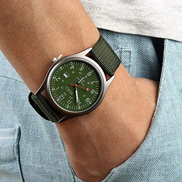 JewelryWe Militär Uhr Herren, Analog Quarz mit 12/24H, Datum und Leuchtzeigern, Armeegrün Nylon Armband, 10m wasserdicht – Bild 2