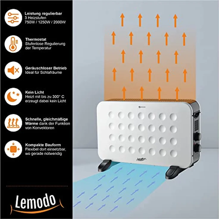 LEMODO mobile Elektroheizung - energiesparende Konvektor Heizung - Elektrische Heizung mit 3 Leistungsstufen - Heizgerät ohne Gas - robuster Elektroheizkörper (750W / 1.250W / 2.000W) – Bild 5