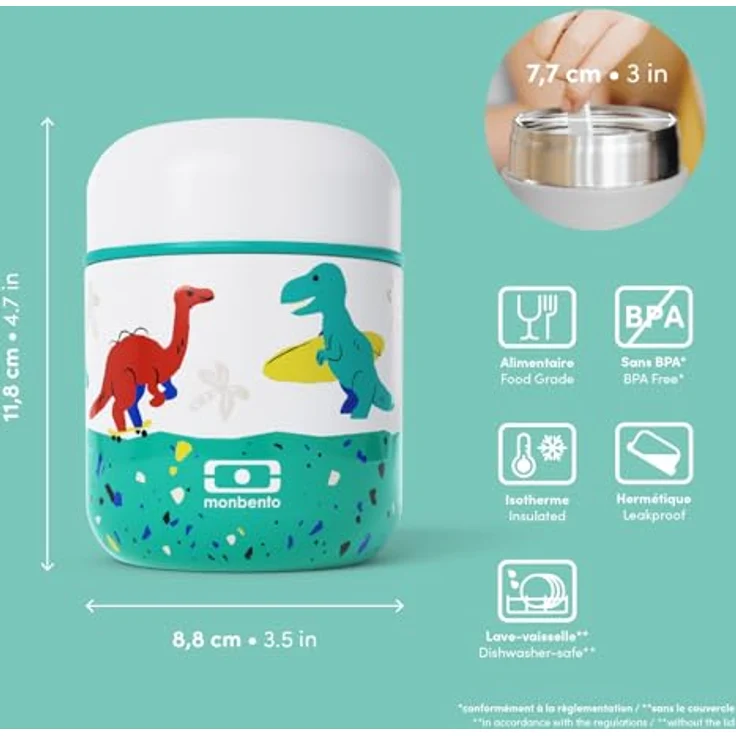 Monbento Capsule Graphic Dino, Lunch-Thermoskanne für Kinder, 280 ml, blau, spülmaschinenfest und kindgerechtes Design – Bild 5
