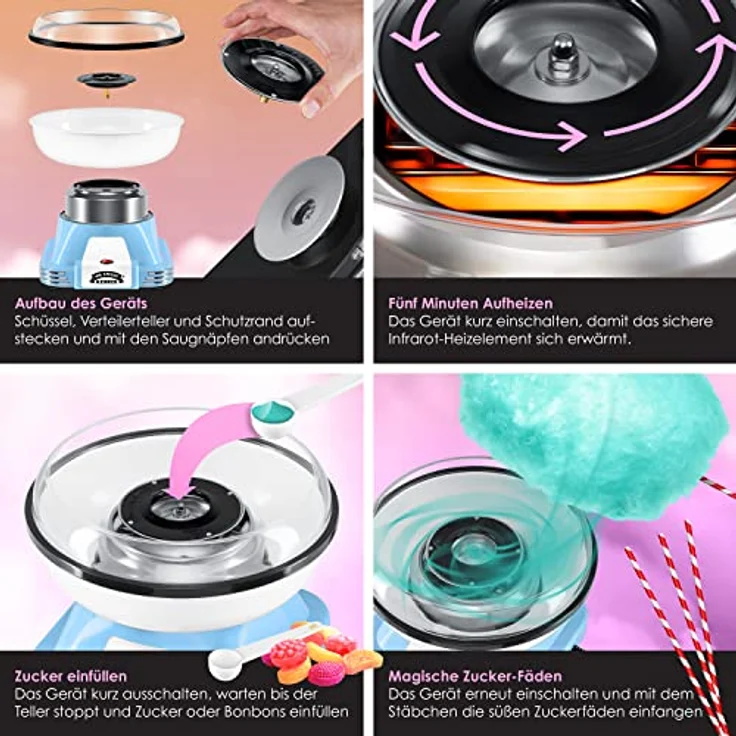KESSER® Zuckerwattemaschine Set für Dein zuhause - Mit 30x Zuckerwatte Stäbchen & Messlöffel - Retro Cotton Candy Maschine - Zuckerwatte Maschine Mit Zubehör - Höhe 22 cm - 500 W Blau Weiß – Bild 3