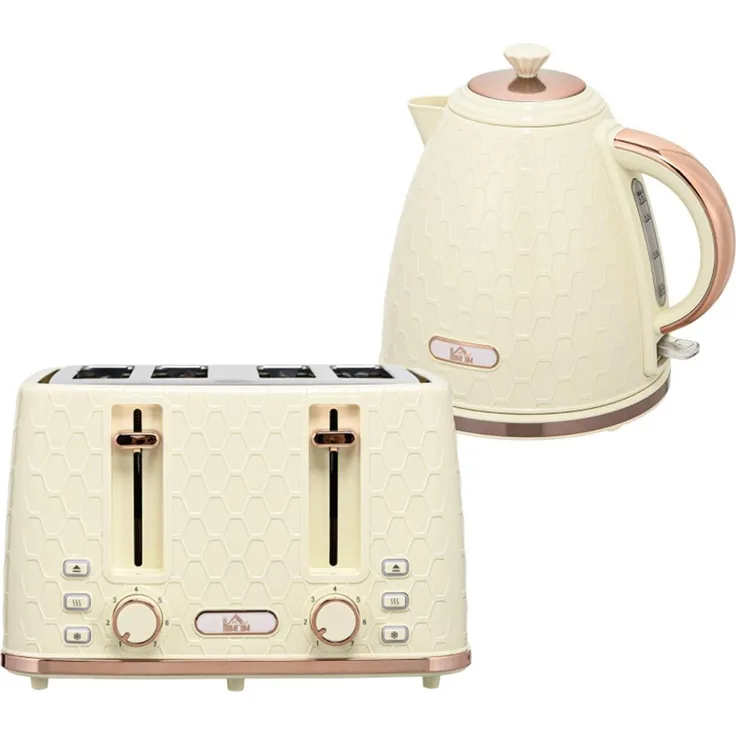Autolock Wasserkocher Toaster Set, 1,7L Wasserkocher mit Otter-Thermostat und 7 Bräunungsstufen, Frühstücksset in Beige