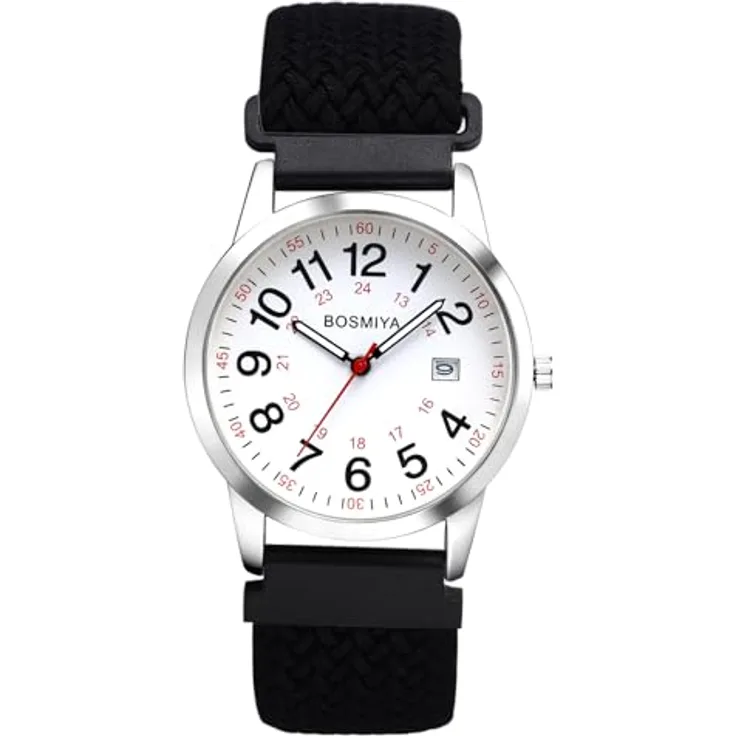 JewelryWe Geflochtene Armbanduhr in Schwarz, Elastisches Gewebearmband, Analog Quarz mit 12/24 Stunden Anzeige und Kalenderfunktion für Damen und Herren