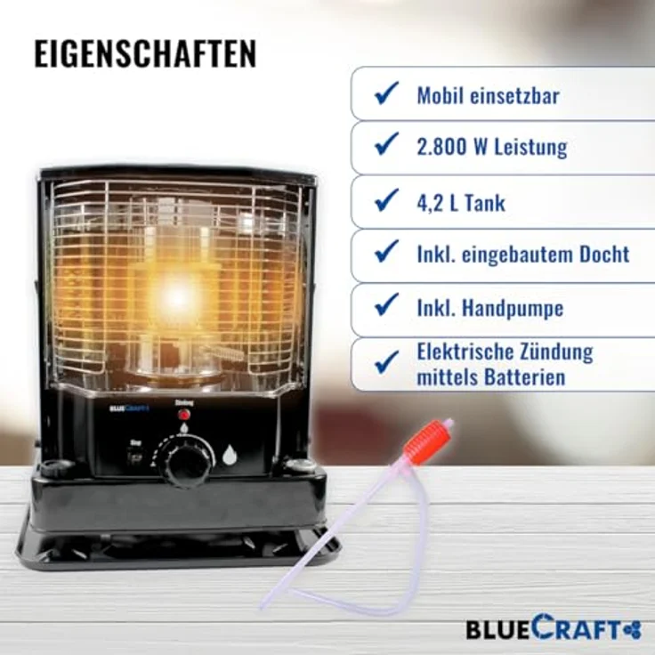 Bluecraft Petroleumofen Heizung ZT-85 inklusive Handpumpe und Petroleum 20 L Kanister | Mobil ohne Strom | 2800 Watt Leistung | Dochtofen | Camping-Heizung | Notheizung | Blue – Bild 4