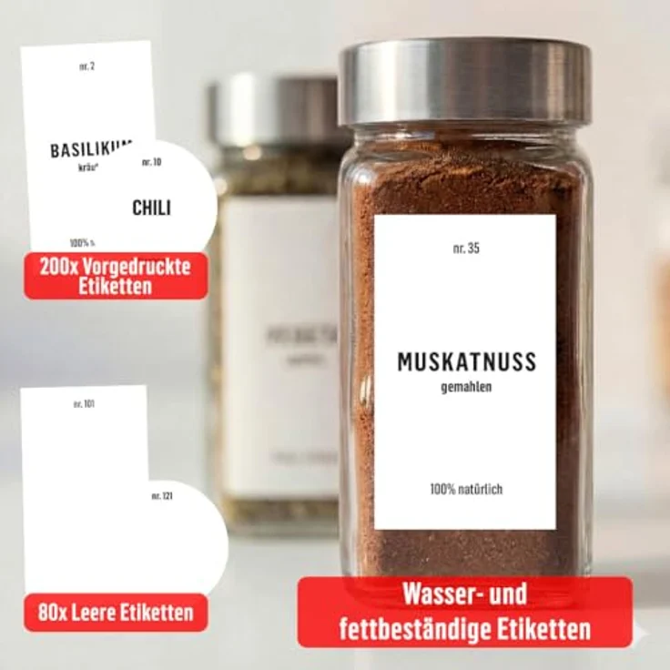Deco haus® Gewürzgläser eckig, 36er Set aus Glas mit luftdichtem Edelstahlverschluss, inkl. Etiketten & Streueinsatz, lebensmittelecht, vielseitig einsetzbar – Bild 3