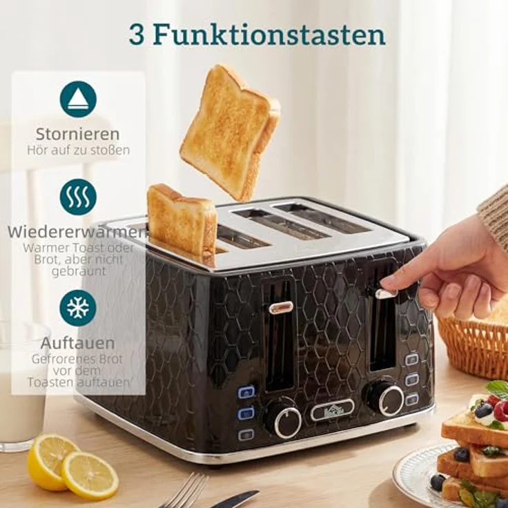 HOMCOM Wasserkocher- und Toaster-Set, 2200W Wasserkocher (1,7L) und 4-Scheiben-Toaster mit 7 Bräunungsstufen, Schwarz mit Silber – Bild 6