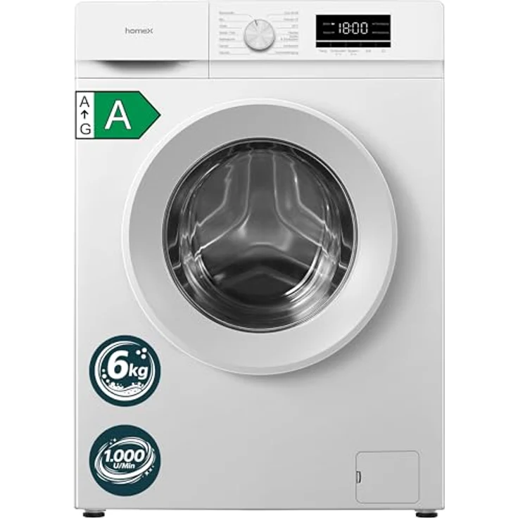 homeX WF610K1A-W Waschmaschine 6 kg, Frontlader, 1.000 U/Min, AquaStop, Inverter Motor, 14 Programme, 39 cm Tiefe, weiß – Bild 1