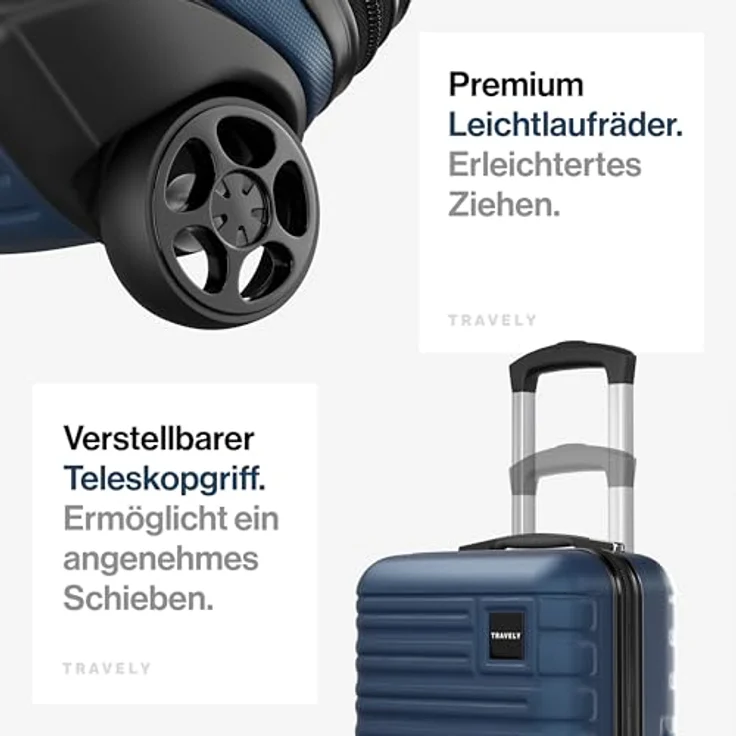 Travely Premium Handgepäck Koffer 40x30x20cm, 26L Volumen, sanfte Rollen, passend für Ryanair und Lufthansa, Tiefseeblau – Bild 5