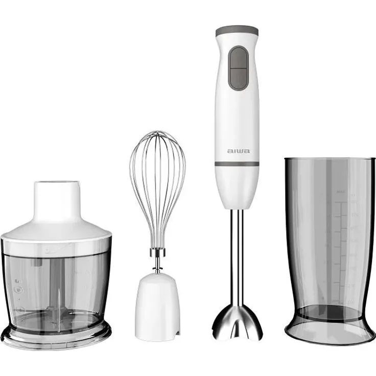 Aiwa 9181004 Tischplatten-Mixer mit Pulsfunktion, 600 W, 1,5 m, Weiß, inklusive 500 ml Messbecher und Zerkleinerer