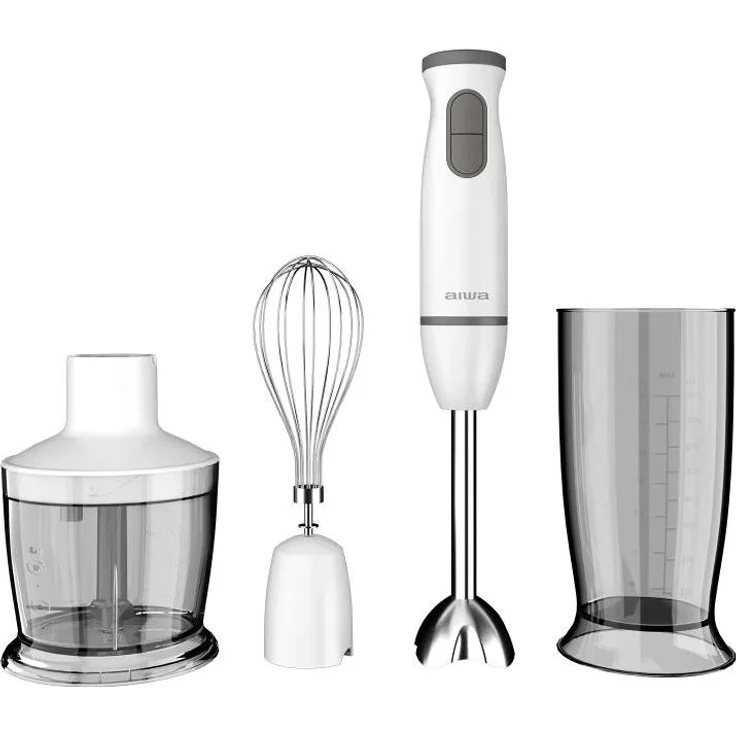 Aiwa 9181004 Tischplatten-Mixer mit Pulsfunktion, 600 W, 1,5 m, Weiß, inklusive 500 ml Messbecher und Zerkleinerer
