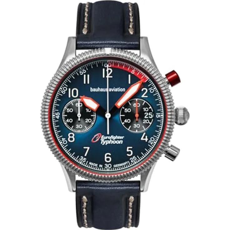 Bauhaus 2576-3 Eurofighter Typhoon Herrenuhr, Edelstahlgehäuse in Silber, blaues Zifferblatt mit Leuchtzeigern und Datum, Lederband dunkelblau