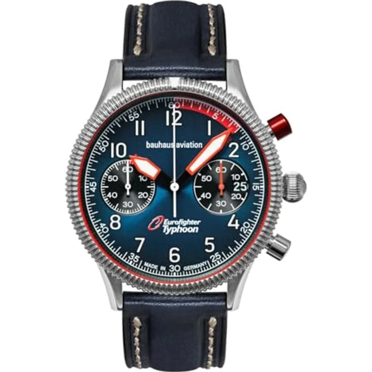 Bauhaus 2576-3 Eurofighter Typhoon Herrenuhr, Edelstahlgehäuse in Silber, blaues Zifferblatt mit Leuchtzeigern und Datum, Lederband dunkelblau – Bild 1