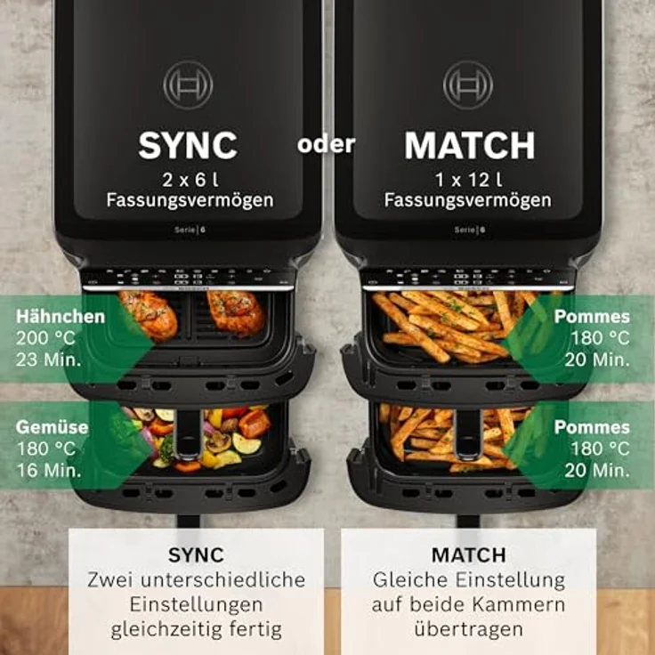 BOSCH Heißluftfritteuse Serie 6 MAFD661B0, XXL, 12L, PFAS-frei, Doppelkammer, 2800 W, platzsparend, einfache Reinigung, 6 Programme, schwarz – Bild 6