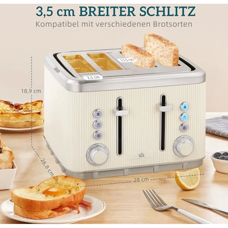 HOMCOM Wasserkocher Toaster Set, 1,7L Wasserkocher mit Thermostat und 4-Scheiben-Toaster in Cremeweiß und Silber, 7 Bräunungsstufen, automatische Abschaltung – Bild 5